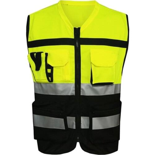 7 Pockets Class 2 High Visibility Zipper Front Safet Yellow Vest With Reflective Strips