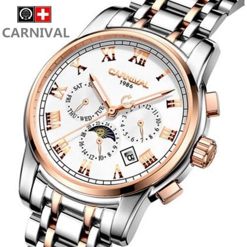 Carnival moon phase automatic mechanical men watches china luxury famous brand full steel luminous waterproof military watch