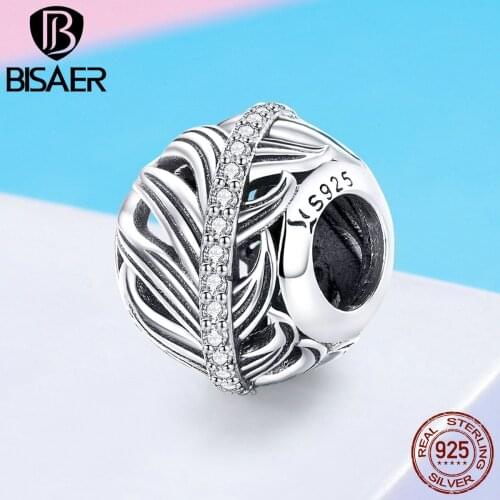 BISAER 925 Sterling Silver Vintage Feathers Angel Wings Charms Beads fit Girls Bracelets Bangles Original DIY Jewelry ECC1065