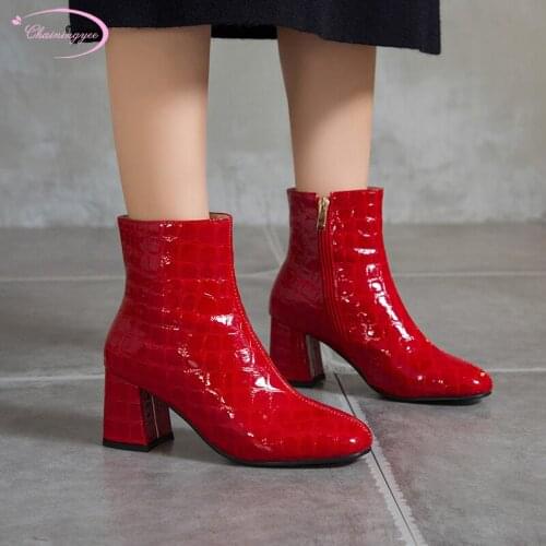Nightclub style round toe paint ankle boots fashion plaid zipper silver red black high-heeled chunky riding boots womens shoes