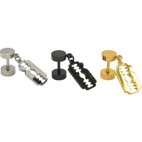 Razor Ear Stud Steel Black Gold Barbell Earring Punk Blades Stainless Steel Gold Black 16G Men Women Hip Hop Dangle Earings