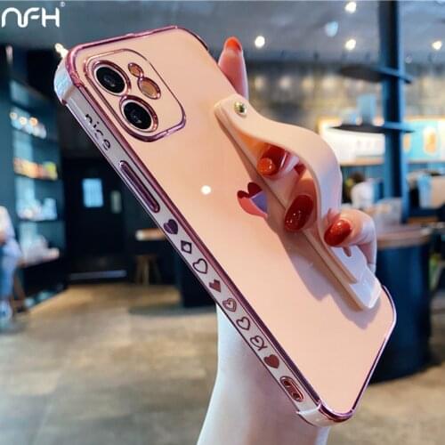 New Plating Heart Wrist Strap Phone Case For iPhone 11 Pro 12 Mini XR XS Max 7 8 Plus SE2020 Nice Square Bumper Shockproof Shell