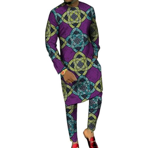 Dashiki Print Mens Long Shirts+Trousers Custom Made Pant Sets Ankara Fashion Male Groom Suits Plus Size African Party Clothes