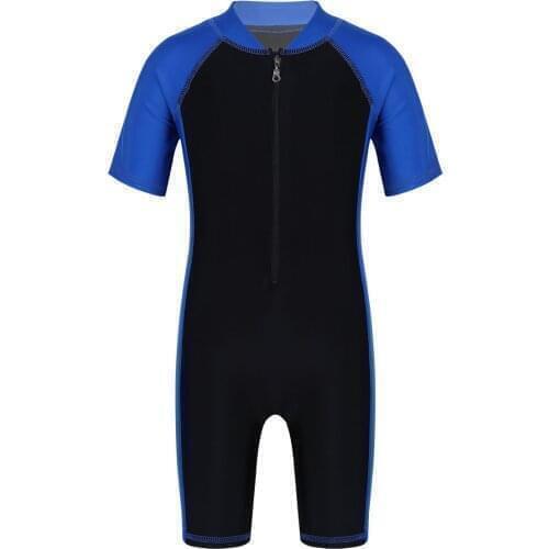 Kids Boys Girls Swimsuit One Piece Short Sleeves Zippered Shorty Wetsuit Children Swimwear Bathing Suit Rash Guard Beach Wear