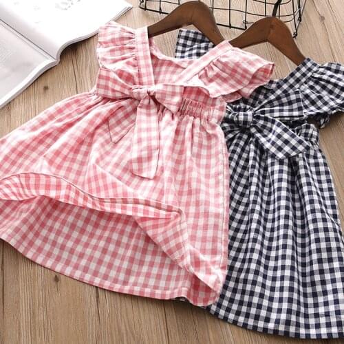 Humor Bear NEW Girls Dresses Fly-Sleeve Fashion Plaid Printed Bow Backless Children Clothes Summer Clothes Prinecess Dress