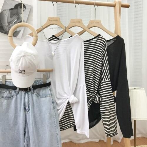 T Shirt Femme Transparant Summer 2021 Womens Clothing Cotton Striped Casual Long Sleeve Fashion Ladies Blouse Short Sleeve