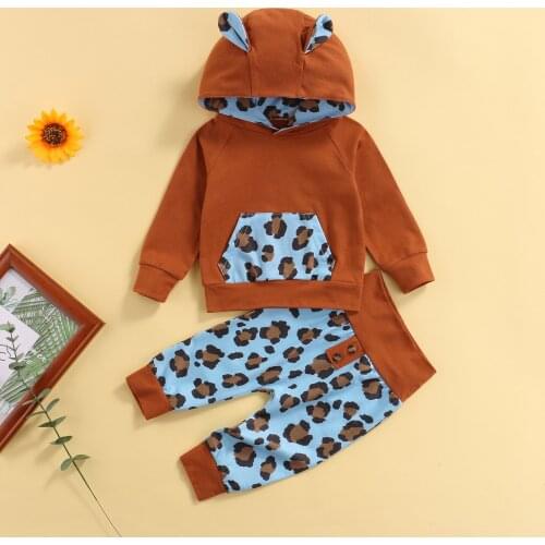 2pcs Baby Clothes Sets Boys Girls Leopard Print Long Sleeve Pullover Hooded Sweatshirt with Pocket + Pants Casual Toddler Outfit