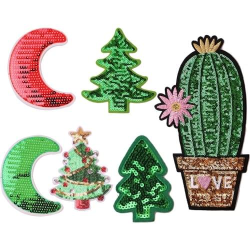 Moon Cactus Christmas tree sequins icon Embroider Iron on Patch for Clothing DIY Stripes Clothes Patchwork Sticker Custom Badge