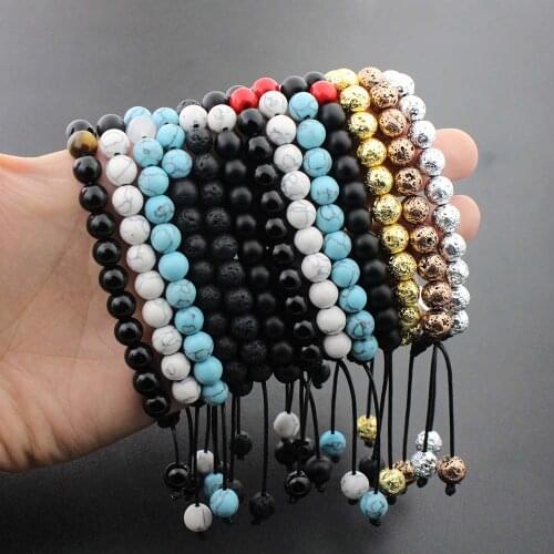 Mens Womens 8mm Natural Stone Beaded Bracelets Handmade Braided Lava Bead Bracelets Male Best Friend Couple Gift Set Jewelry