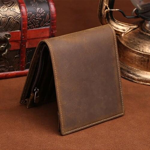 Genuine Leather Men Short Bifold Wallet Casual Vintage Coin Pocket Card ID Holder Design Male Crazy Horse Cowhide Purse
