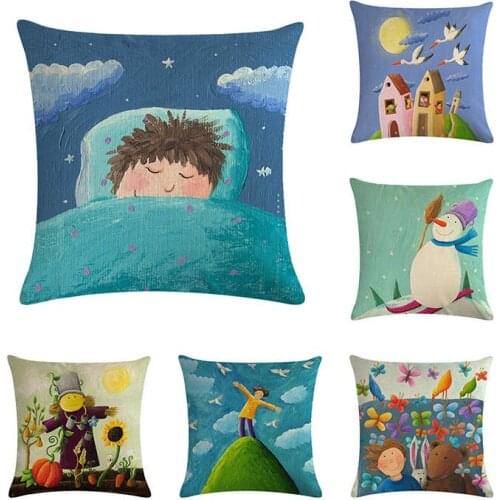 Pillow Case 45*45 Happy Christmas Snowman Pillow Cases Linen Sofa Cartoon Cushion Cover Home Deco