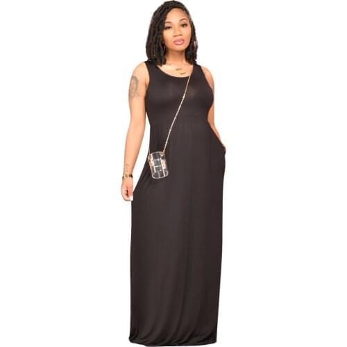 2021 Solid High Waist Fit and Flare Maxi Dress Women Round Neck Sleeveless Bohemian Dress Fashion Female Loose Tank Vest Dress