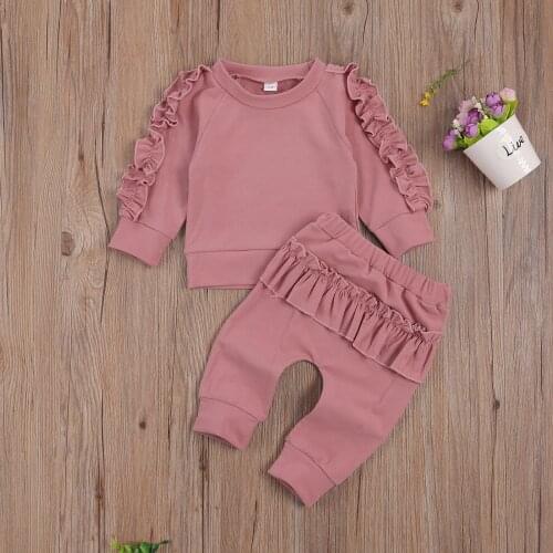 0-24M Autumn Newborn Baby Girls Clothes Sets Ruffles Long Sleeve Solid Pullover Sweatshirt Tops Trousers Pants