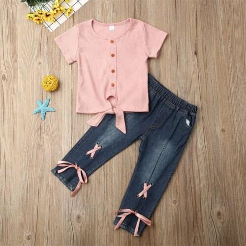 1-5years Girls Casual Outfits Pink Lace Up Girls Tops Outfits Bandage Jeans Girls Set Spring Autumn New Girls Clothing Set