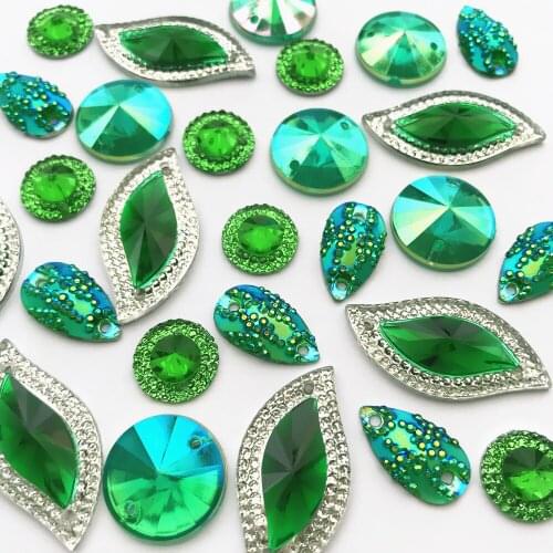 RESIN Green Kelly Mixed Shape Sew-On Gems Crystal Stone Rhinestones Accessories Sewing for DIY Crafts Clothes Wedding Decoration