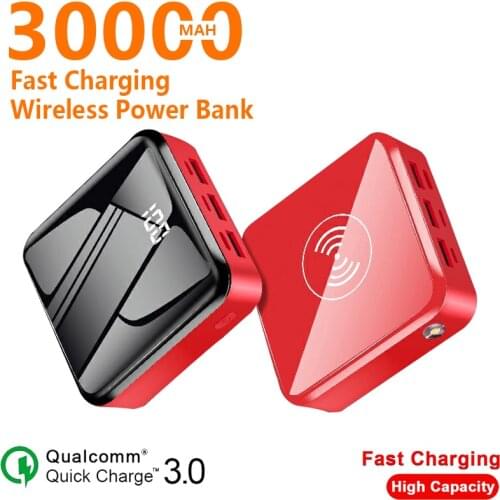 Fast Charger 30000mAh Mini QI Wireless Power Bank Digital Display Charger 3 USB LED Lights Power Bank for IPhone 12 Xiaomi Mi