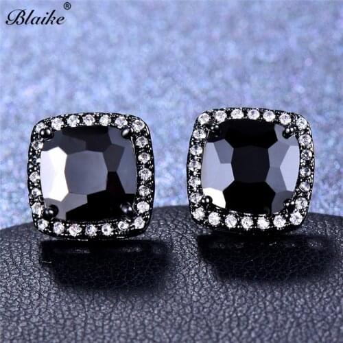 Blaike Unique Small Square Black Zircon Stud Earrings for Women Simple Jewelry Black Gold Color Earring Wedding Party jewelry