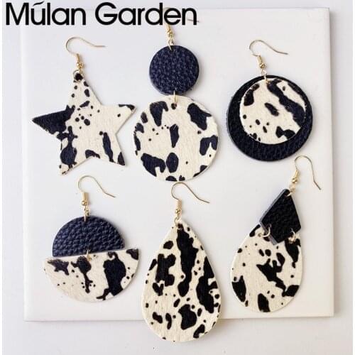 Cow Pattern Cowhide Leather Earrings for Women Bull Head Horse Hair Round Star Pendant Teardrop Earrings Leather Jewelry Gifts