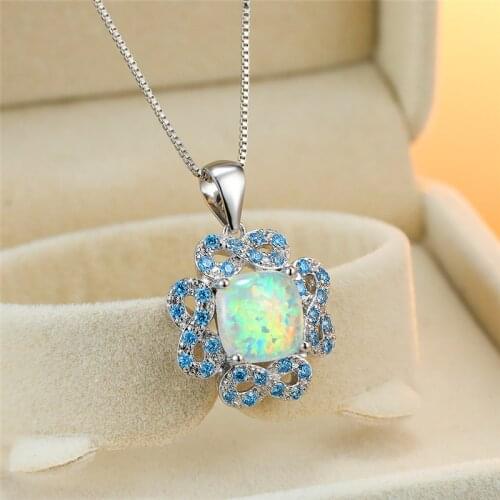 Boho Female White Opal Pendant Necklace Cute Blue Crystal Chain Necklaces For Women Charm Initial Square Wedding Necklace