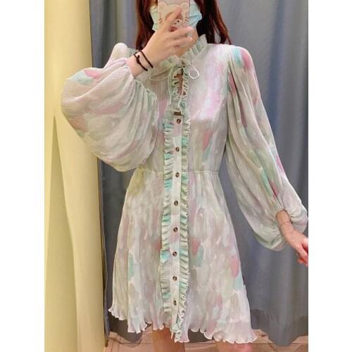 Women Stylish Long Sleeve Ruffle Colorful Printing Short Dress With Ruffled Neck