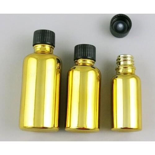 12 x Refillable High Quality Gold Glass Vials with Black Phenolic Cone Lined Caps for Essential Oils & Liquids 5ml till 100ml
