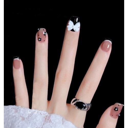 24pcs False Nails Press On With Designs Bow Pearl Black Flower Printed Type Short Style Fashion Manicure Fake Nails With Glue Dl