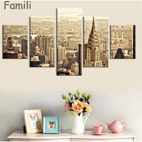 5pcs Modular Poster Board No UnFramed Canvas Oil Painting New York Manhattan Pictures City Landscape Wall Art For Living Room