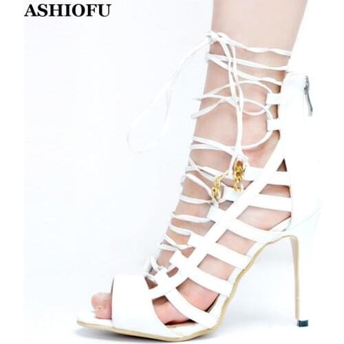 ASHIOFU Handmade New Hot Sale Ladies High heel Sandals Cross Strap Party Prom Summer Shoes Shoelace Sexy Evening Fashion Sandals