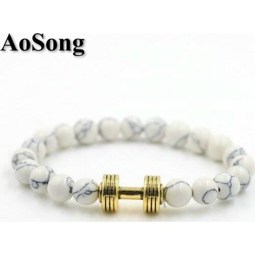 BPPCCR White pattern Stone 8mm Alloy Barbell Fitness Beads Dumbbells Men Chakra Lovers Couples Bracelets Masculino Pulseira