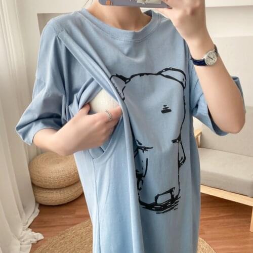 Plus-size Bear Pattern Print Long Dress Maternity Cotton Pure External wear Straight Nursing Dress Womens Clothing Summer 2021