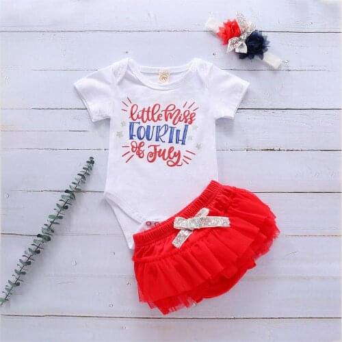 Baby Girl’s Clothes Short Sleeve Letter Print Romper Bow Voile Skirt with Headband Toddler 3Pcs Suit