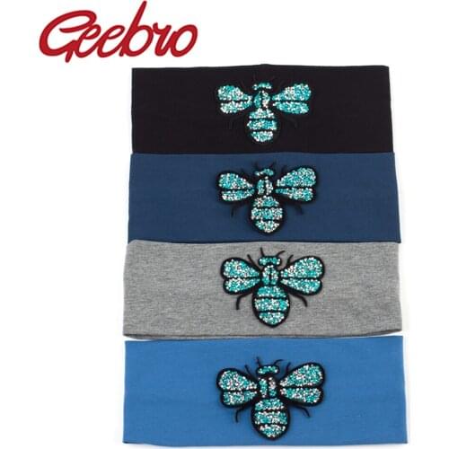 Geebro Women Crystal Rhinestones Bee Headband Ladies Plain Color Elastic Headbands Black Hair Accessories For Girls Headwear