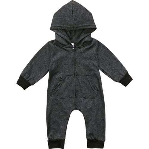 Baby Boy Black Cotton Long Sleeve Hooded Romper with Zipper 0-24M Newborn Infant Toddler Autumn Casual Solid Jumpsuit Outfit