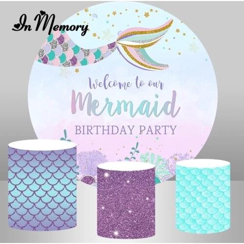 InMemory Girls Mermaid Party Round Backdrop Cover Under The Sea Baby Shower Birthday Party Photography Background Plinth Covers