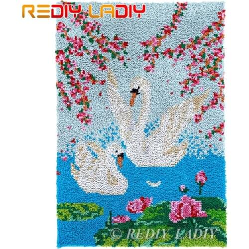 Latch Hook Kits Swan Love Spring Chunky Yarn Embroidery Crocheting Tapestry Kits Needlework Arts & Crafts DIY Carpet Rug 58*84cm