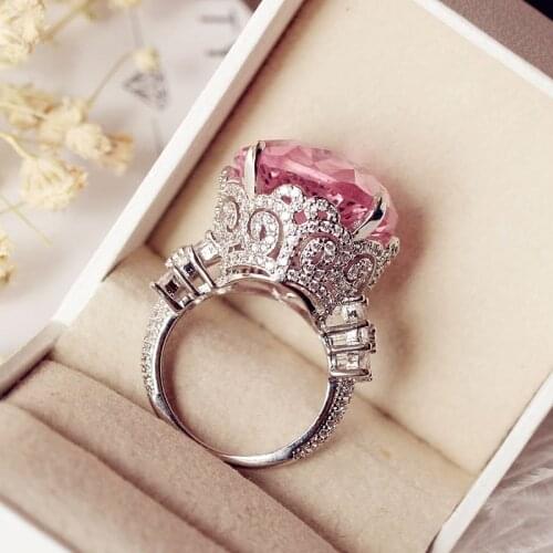 Fashion Oversized Pigeon Egg Women Wedding Ring Pink Oval Zircon Hollow Flower 5 Carat Stone Cuff Ring Party Statement Jewelry