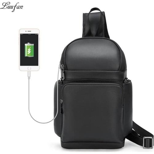 Genuine Leather Men USB Charging Chest Pack Summer Crossbody Chest Bag Sling Shoulder Bags For iPAD Male Travel Bag Black