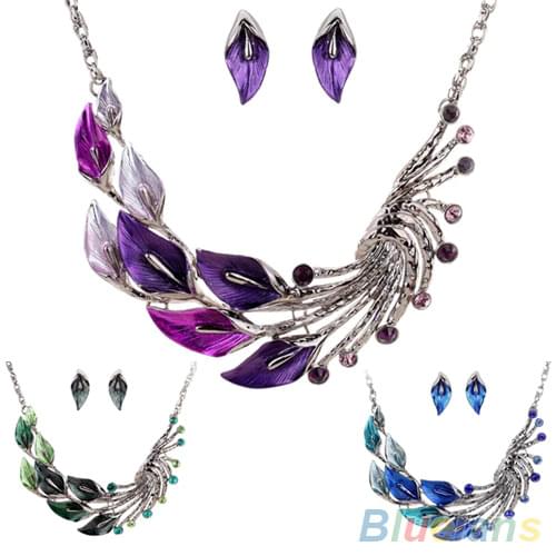New Retro Tibetan Leaf Peacock Crystal Rhinestone Drop Earrings Short Necklace Set 1OJT 6OHO