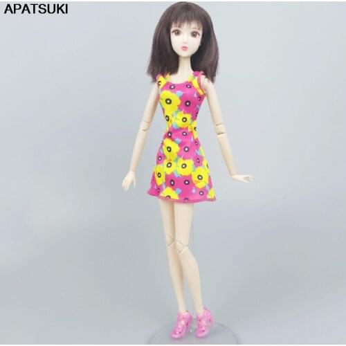 Yellow Pink Floral Dress Handmade Clothes For Barbie Dollhouse Party Gown Summer Short Dresses for Blythe Licca Doll 1/6 Toys