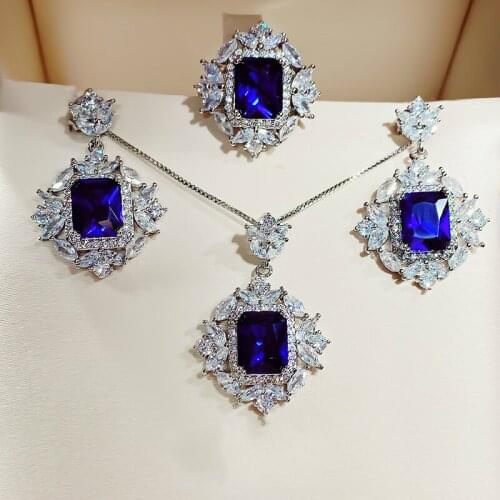 Luxury Flower Design Citrine Necklaces For Women Rectangular Blue Crystal Ruby Zircon Jewelry Sets Wedding Engagement Jewelry