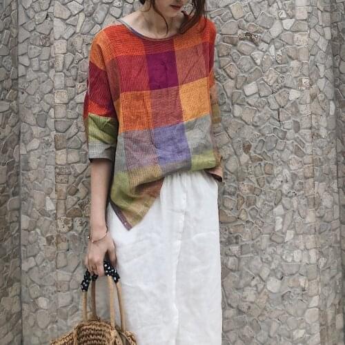 Spring / summer 2020 new womens Korean large Plaid thin round neck cotton linen medium sleeve shirt