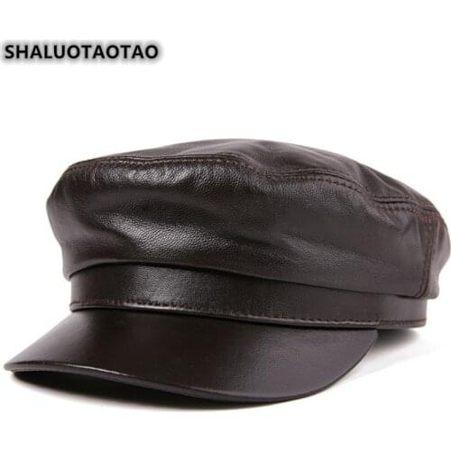 SHALUOTAOTAO Genuine Leather Hat For Men Women Autumn Winter Quality Sheepskin Leather Military Hats Brands Snapback Flat Cap