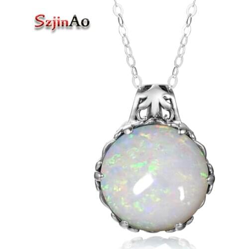 Szjinao Fire White Opal Pendant For Women Real 925 Sterling Silver Flower Gemstone Pendants Vintage Round Handmade Fine Jewelry