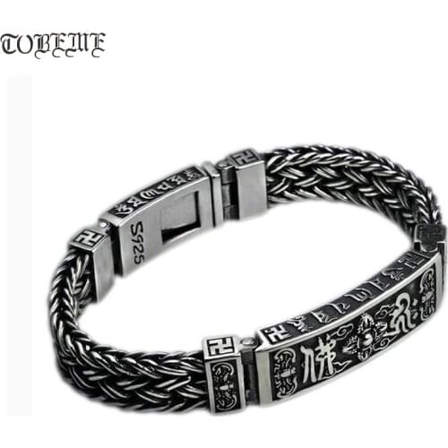 Handmade Thai Silver Tibetan Six Words Bracelet Real 925 Silver Tibetan Dorje Bangle Buddhist Vajra Symbol Man Bracelet