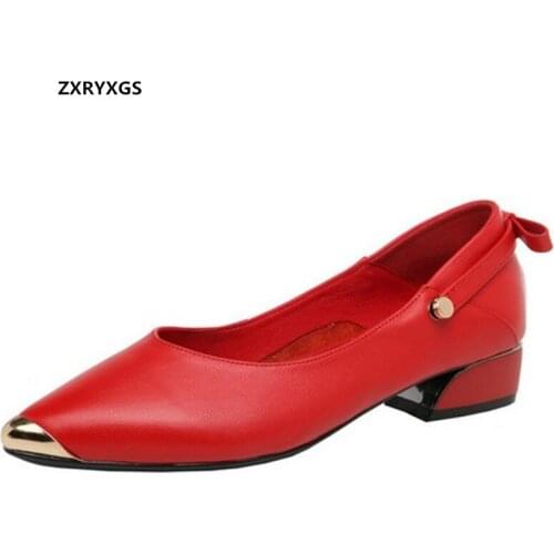 New Autumn Shallow Mouth Pointed Toe Shoes Woman Low Heels Top Cowhide Leather Shoes Simple Soft Sole Large Size Womens Shoes
