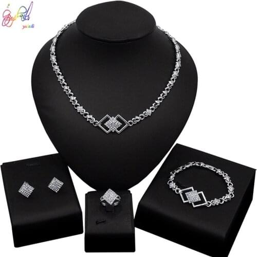 Yulaili Silver Color Valentines Day Gift Necklace Bracelet Earrings Ring Fashion Jewelry Sets Women Bridal Wedding Accessories