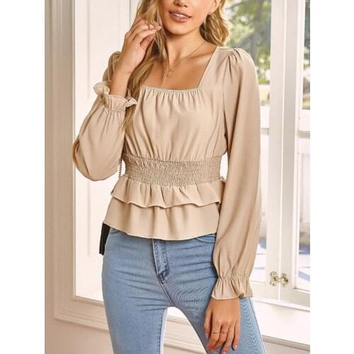 New Ruched Waist Puff Sleeve Women Solid Color Blouse Elegant Square Neck Ladies Ruffle Tops