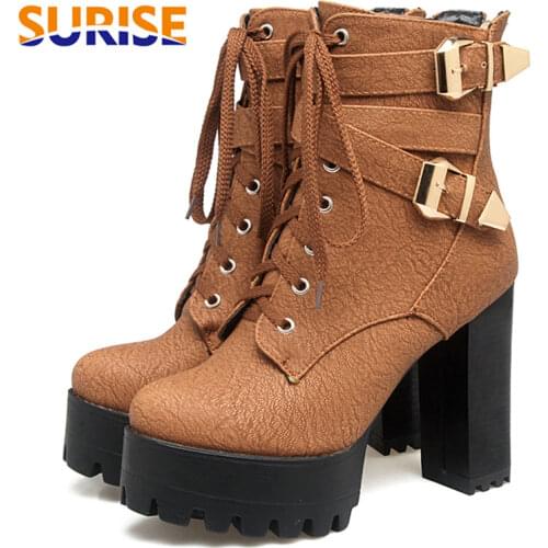 Big Size Women Motorcycle Platform Ankle Boots High Chunky Block Heel Round Toe Lady Buckle Plush Zipper Lace Martin Short Boots