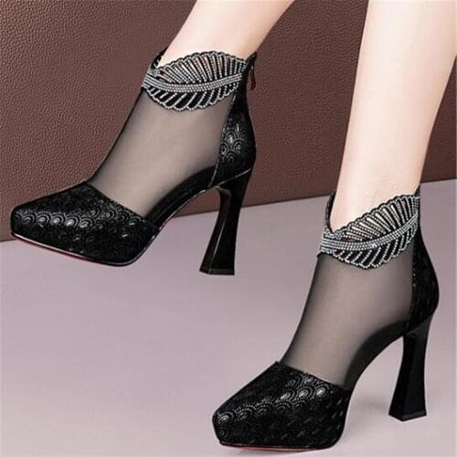 2021 New Summer Autumn Embossed Leather Ankle Boots Woman High Heel Mesh Sandals Platform Rhinestone Shoes Female Footware 34-40