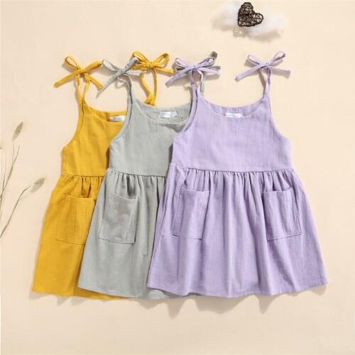 2021 2-6Y Sweet Kids Baby Girl Dress Summer New Solid Color Sleeveless O Neck Pockets Pleated Dress Sundress 3 Colors